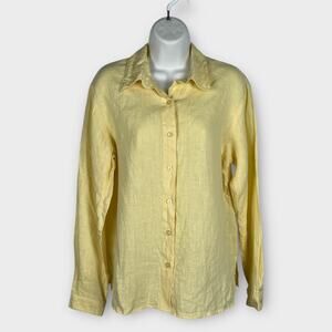 Vintage Victoria Holley Yellow Linen Button Collard Blouse Womens Medium Woven